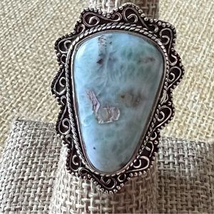 New Larimar Stone Silver Overlay Ring Size 7.25